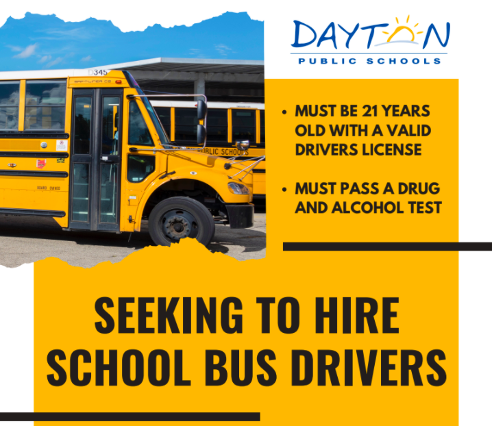 Bus driver flyer that states candidates must be 21 years of age with a valid driver's license and must pass an alcohol and drug test.