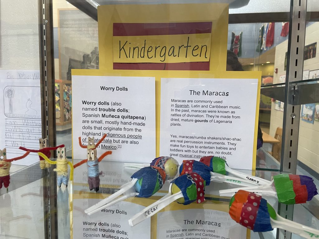 Kindergarten worry doll and maracas display.