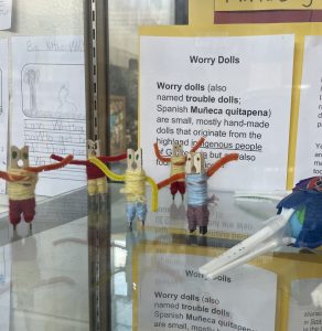 Close up of worry doll display