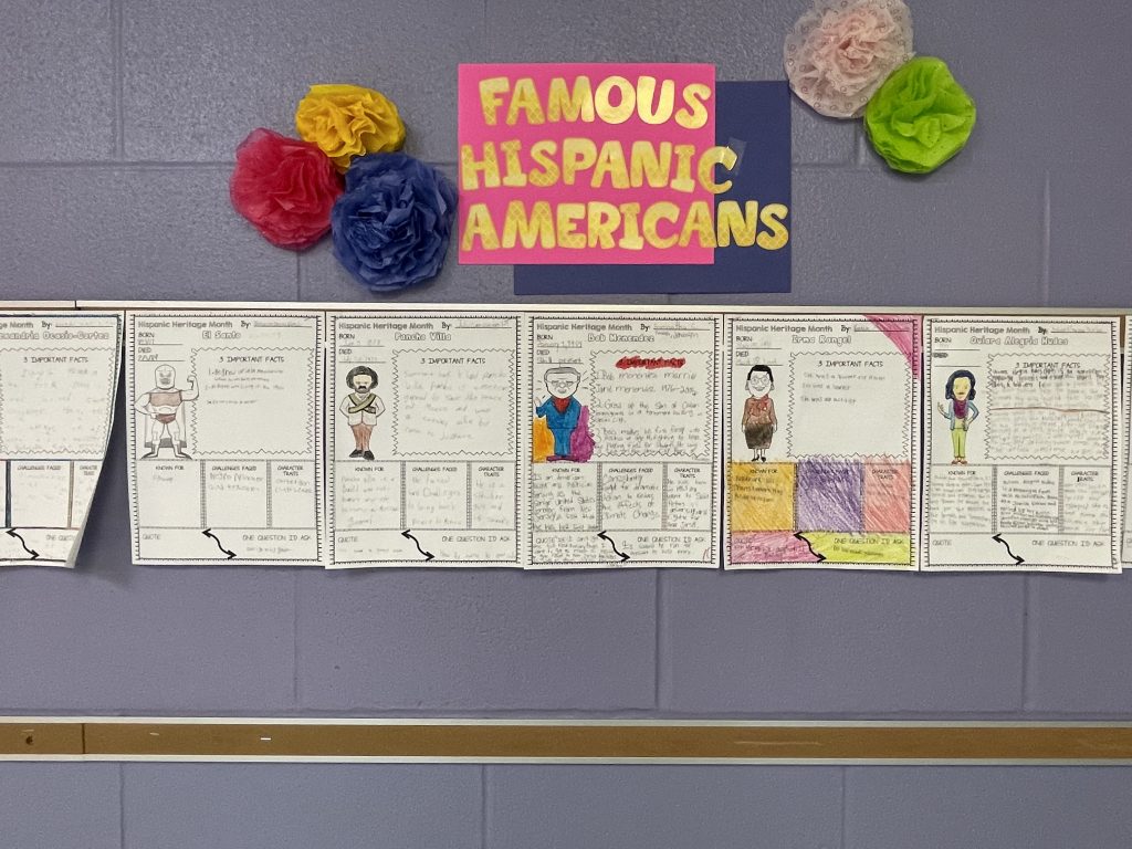 More photos of class projects about famous Hispanic Americans.
