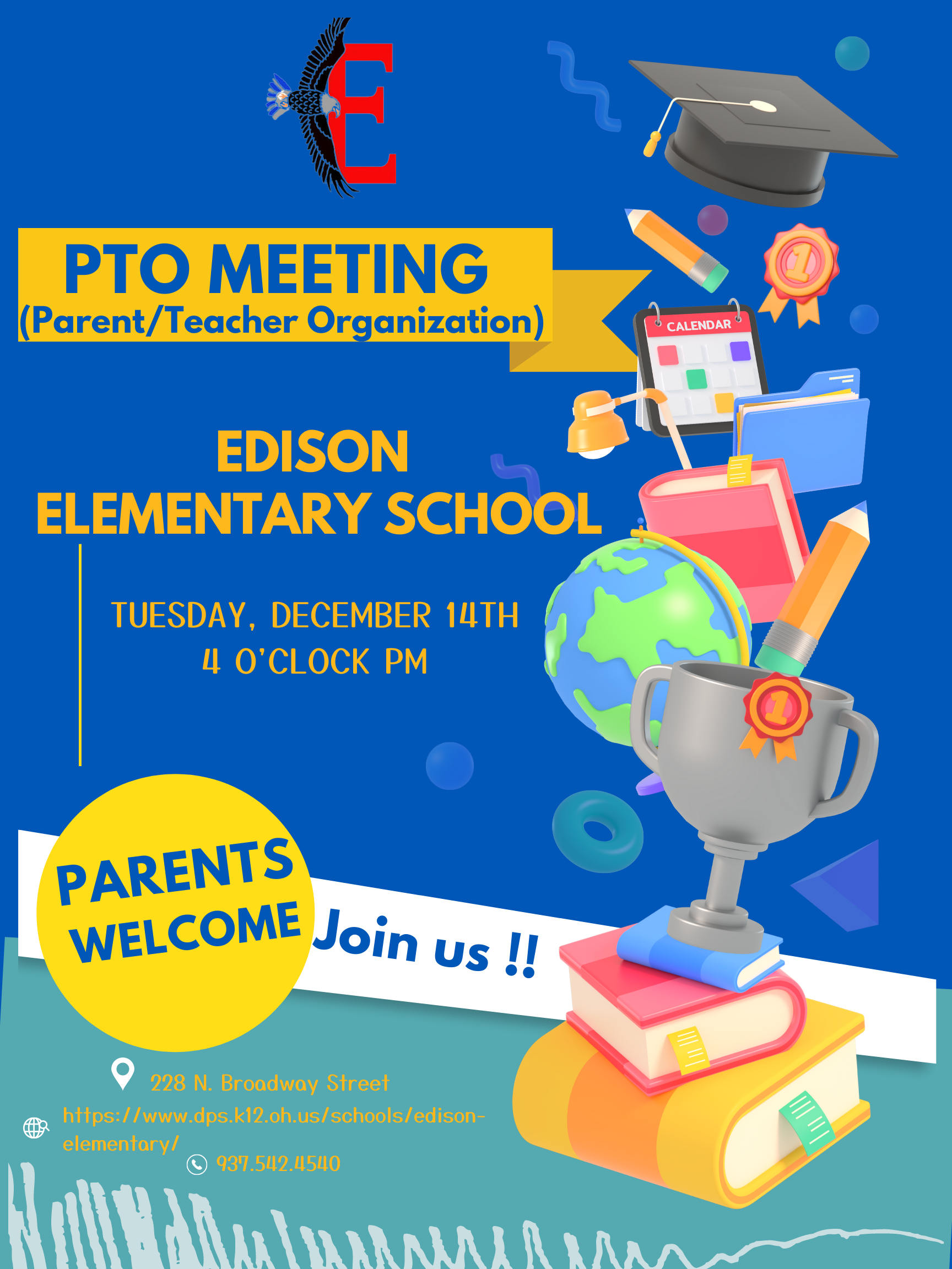 Flyer for Edison Elementary PTO meeting on December 14th at 4 p.m.